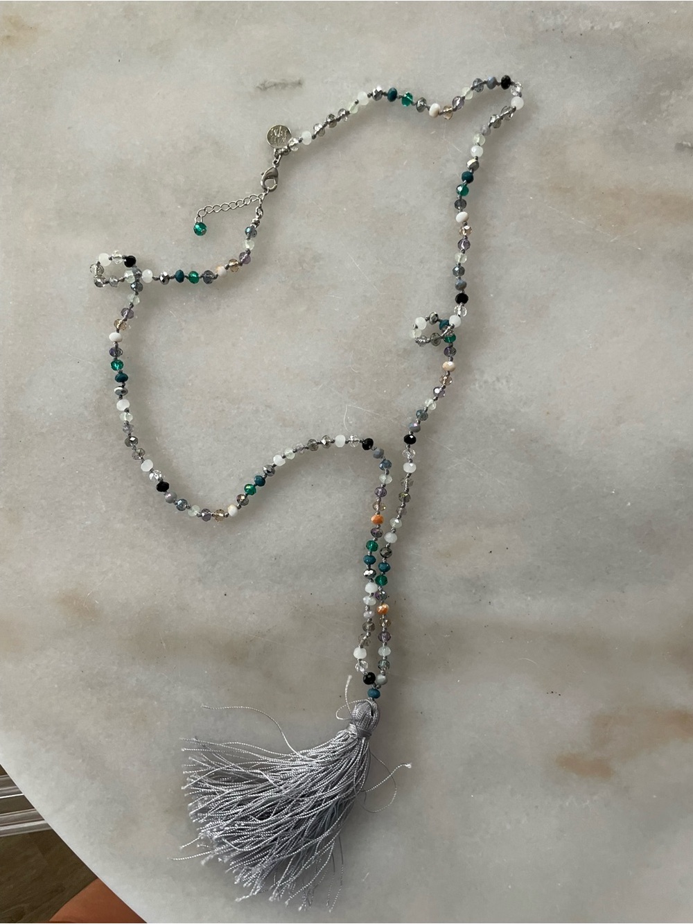White House black market Beaded Tassel Necklace in Green, White & Silver